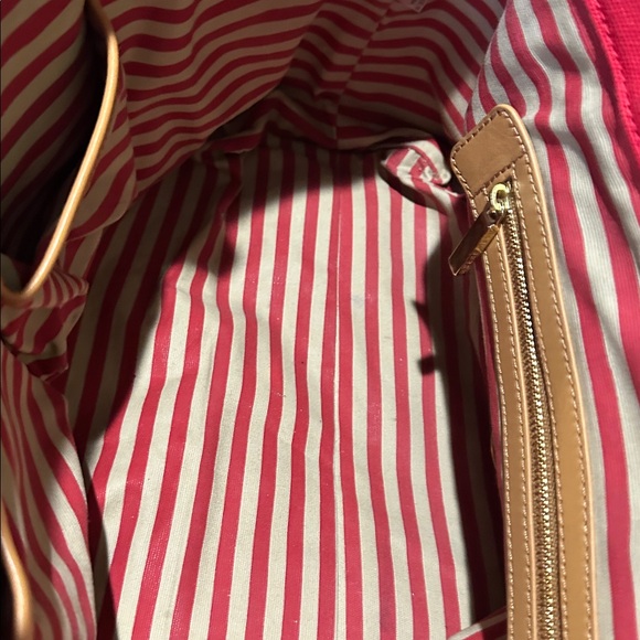 Tory Burch Large Red and Camel Brooke Canvas Tote | EUC | Striped Fabric Lining - Picture 9 of 11